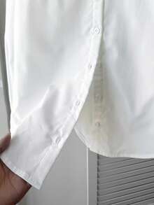 SHEIN Serisse Kids Tween 女童休闲时尚百搭纯色梭织翻领前开后开衩宽松落肩长袖白色衬衫，返校日穿 - 白色 - 查看 8