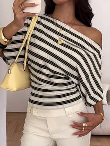 Aloruh Asymmetrical Shoulder Loose Top With Ruched Waist, Minimalist Basic T-Shirt - Apricot - View 7