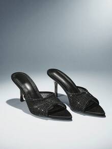 SHUZIA Women Elegant Pointy Toe Rhinestone Decor Mesh Slip-On Heel Sandals - Black - View 5