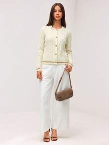 SHEIN Orluneo 女式秋季扭纹长袖单排扣休闲针织开衫 - 白色 - 查看 6