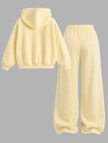 Tween Girls Cream Yellow Front Zipper Hoodie With Embroidered & Sweatpants Tracksuit 2Pcs Set - Yellow - View 3