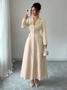 Elenzga 新款女式翻领长袖仿口袋前开 A 字长裙，休闲度假日常百搭年轻优雅女士连衣裙，秋冬 - 卡其色 - 查看 7