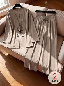 Comfylo Plus Size Casual Modest Elegant Soft Form Loose Shirt And Pants 2 Pieces Set Autumn Brunch Morning Formal Office Two Toned Grey - Khaki - View 7
