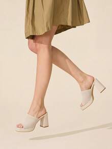 CUCCOO BASICS Women's Beige Knit Peep Toe Sexy Mule Sandals With Thick Platform And Chunky High Heel For Commuting - Beige - View 6