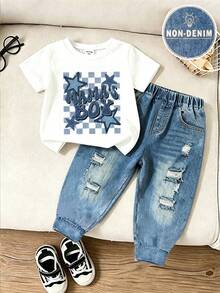 SHEIN 隨機 3 套發 1 套 藍色印花舒適時尚酷感英文圖案短袖上衣與設計簡約印花休閒運動長褲套裝 - 彩色 - 查看 2