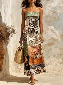 Trelyra Gaun Liburan Wanita Model Bandeau dengan Motif Bunga, Modis dan Elegan - MultiWarna - View 3