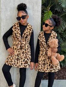 SHEIN 3pcs/Set Girls' Fall Winter Leopard Print Fleece Lapel Cinched Waist Vest Jacket Ribbed High Neck Long Sleeve Base Layer Ribbed Slim Fit 7th Birthday - Black - View 3