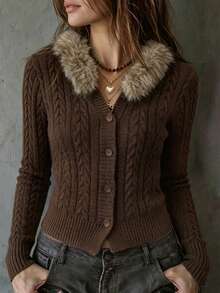 LUMIGAL Cardigan Rajut Kabel Lengan Panjang Berkerah Bulu Wanita, Kancing Tunggal - Coklat - View 1