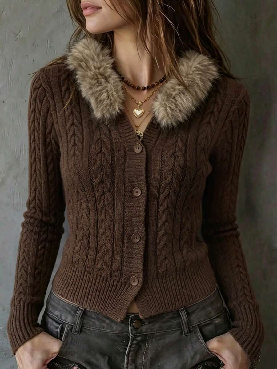 LUMIGAL Cardigan Rajut Kabel Lengan Panjang Berkerah Bulu Wanita, Kancing Tunggal - Coklat - View 1