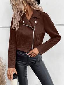 SHEIN Women's Solid Color Long Sleeve Zip-Up Casual Motorcycle Jacket - Mocha Brown - View 7