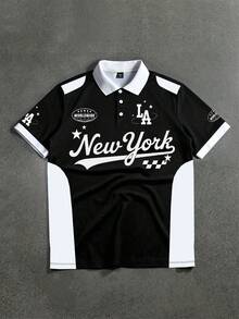 STYNVO 男士夏季休閒拼色拼接字母印花 Polo 衫 - 黑色 - 查看 1