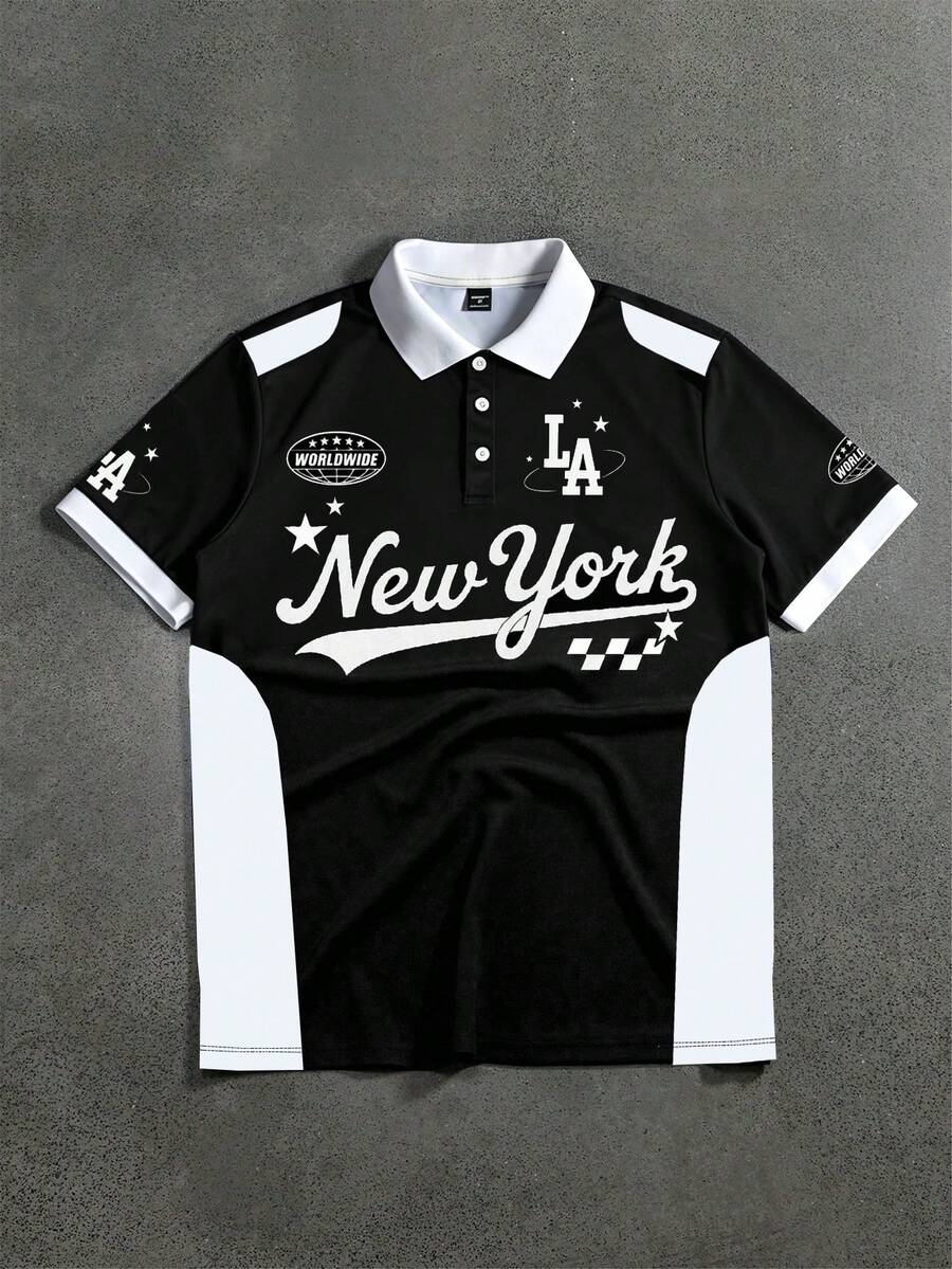 STYNVO 男士夏季休閒拼色拼接字母印花 Polo 衫 - 黑色 - 查看 1
