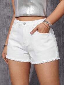SHEIN Shorts vaqueros blancos ajustados para adolescentes - Blanco - Ver 2