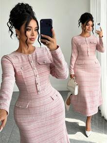 SHEIN Elenzya Plus Size Women's Knitted Elegant Business Casual Fall-Winter Dress - Pink - View 3
