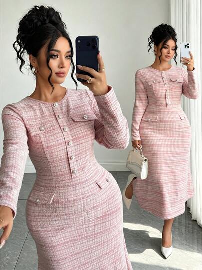 SHEIN Elenzya Plus Size Women's Knitted Elegant Business Casual Fall-Winter Dress