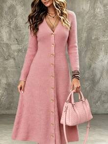 Balvessa V-Neck Single-Breasted Metal Hand-Stitched Button Cinched Cinched Waist Ribbed Cuff Long Sleeve A-Line Hem Women's Sweater Dress - Pink - View 3