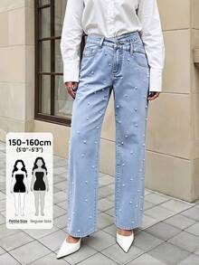 SHEIN PETITE 女款休閒百搭日常旅行牛仔褲，附口袋與仿珍珠鈕扣裝飾 - 藍色 - 查看 10