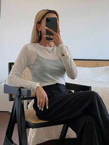 FRIFUL Women's Mesh Turtleneck Sheer Top, Layering Piece For Autumn - White - View 5