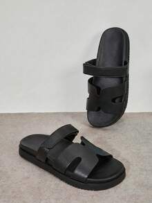 SHUZIA 畅销女式奢华风格魔术贴镂空圆头软鞋垫厚底缝线PU黑色拖鞋 - 舒适百搭 - 黑色 - 查看 1