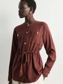 Aalyst Women's Button Half-Placket Long Sleeve Waist Tie Casual Shirt - Brown - View 6