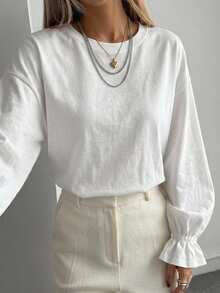 FRIFUL Women's Solid Color Round Neck Casual Long Sleeve T-Shirt - White - View 2