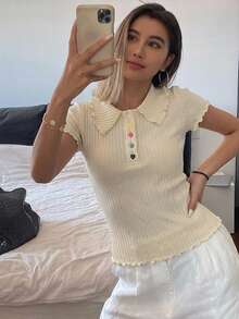 DAZY تي شيرت نسائي كاجوال بلون موحد وملمس نسيجي بأكمام قصيرة، متعدد الاستخدامات للصيف، توب لطيف - لون مشمشي - مشاهدة 2
