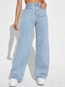 Rivivi Celana Jeans Pinggang Tinggi dengan Kantong Kancing Ukuran Plus - Biru - View 1