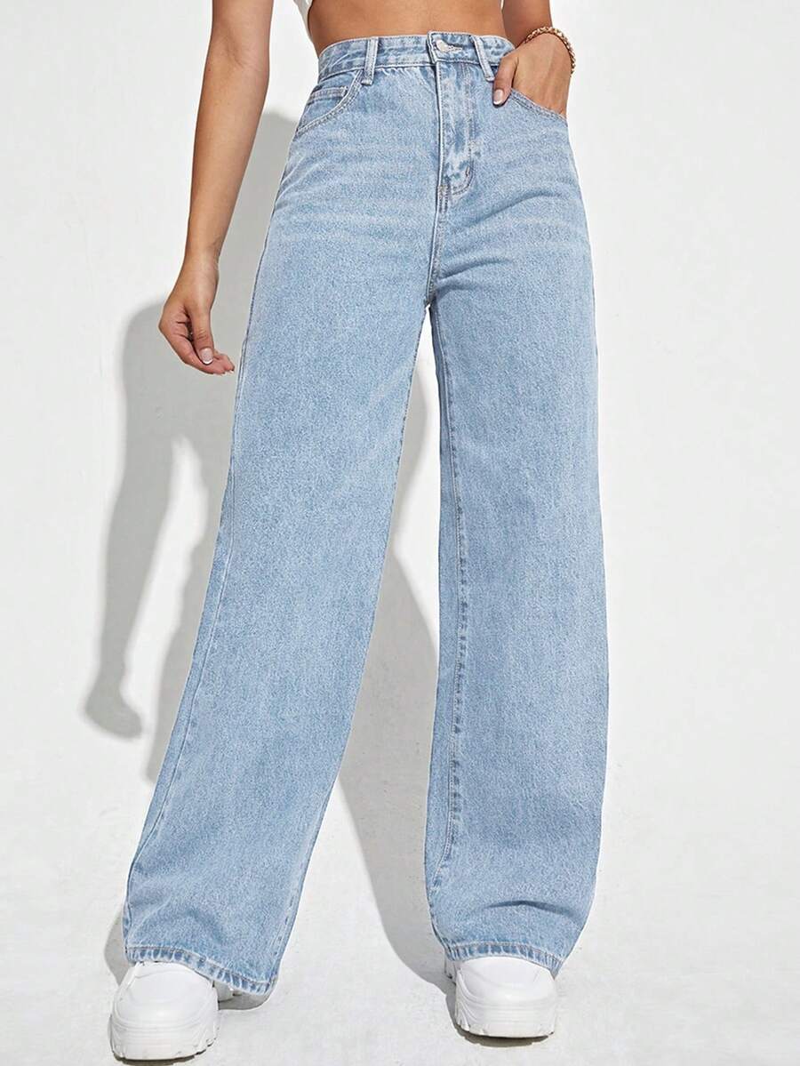 Rivivi Celana Jeans Pinggang Tinggi dengan Kantong Kancing Ukuran Plus - Biru - View 1