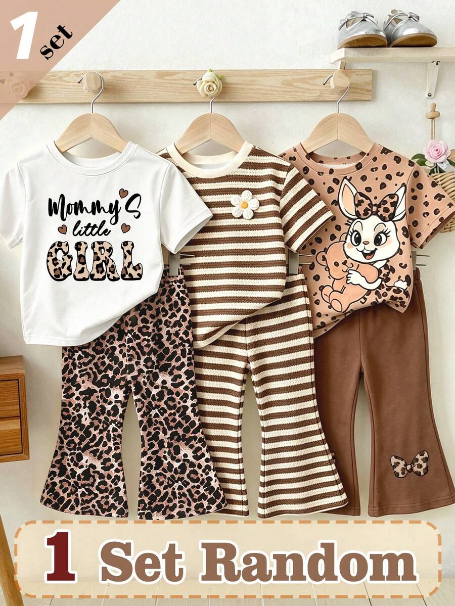 (Random 3 Sets,Send 1 Set)Baby Girl Leopard Print Letter Heart Bow Rabbit Flower Stripe Pattern Basic Daily Short T-Shirt & Flared Pants 2-Piece Set, All Season Wear - Multicolor - View 1