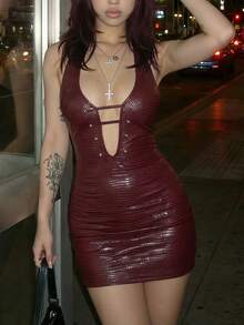 Bitrose Burgundy Women's Fashion Sexy Street Style Deep V-Neck Backless Rivet Decor Bodycon Mini Dress, Autumn Street Chic Y2K Dance Style Night Out - Red - View 1