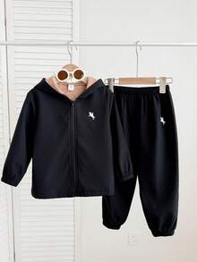 SHEIN 2件組兒童青少年外套，棕色保暖毛絨內裡褲子編織兩件套，適合通勤、上學 - 黑色 - 查看 3