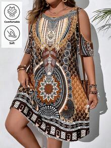 EMERY ROSE Women's Plus Size Woven Printed Black Summer Dress,Boho Vacation Holiday Off Shoulder Cold Shoulder Casual Clothing - Brown - View 1