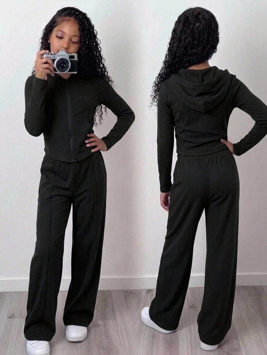 SHEIN 青少年女孩 2件組純色拉鍊連帽外套與寬腿長褲套裝,適合春秋季日常穿著、返校穿搭、秋冬造型 - 黑色 - 查看 1