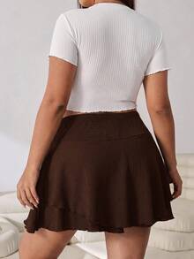 Solflare Brown Casual Plus Size Pleated Design Skorts For Women - Brown - View 2