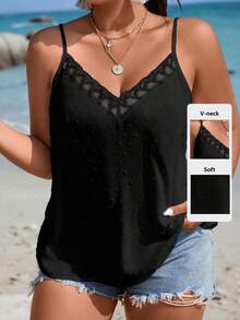 SHEIN VCAY Plus Swiss Dot Contrast Lace Cami Top - Black - View 6