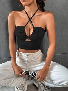 VaVaBold 女性露背中空設計吊帶短款上衣 - 黑色 - 查看 4
