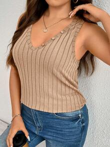 SHEIN LUNE Plus Size Solid V-Neck Rib-Knit Casual Tank Top Travel Airport - Camel - View 6