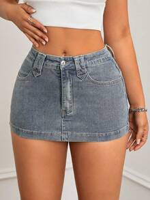 SHEIN ICON Slim Fit Mini Denim Skirt, Washed - Medium Wash - View 4