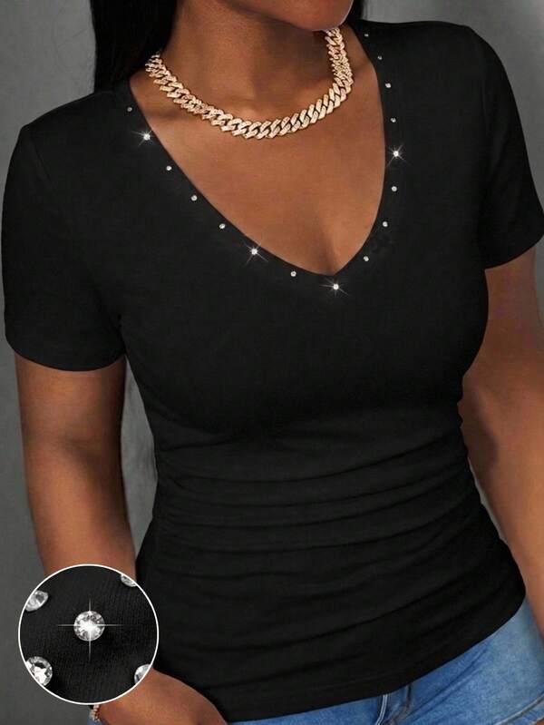 Slaydiva Casual Minimalist Rhinestone Plus Size V-Neck Short Sleeve Black T-Shirt, Black Top