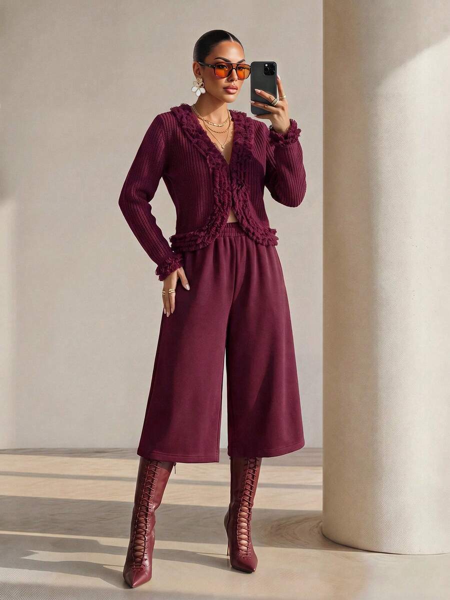 Xyvia Women's Solid Color Frill Trim Casual Versatile Daily Wear Cardigan - Burgundy - View 1