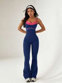 Dewbera Dewbera Women's Colorblock Casual Daily Seamless Athletic One-Piece Long Pants - Navy Blue - View 4