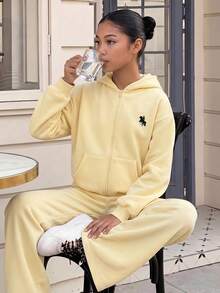 Tween Girls Cream Yellow Front Zipper Hoodie With Embroidered & Sweatpants Tracksuit 2Pcs Set - Yellow - View 15