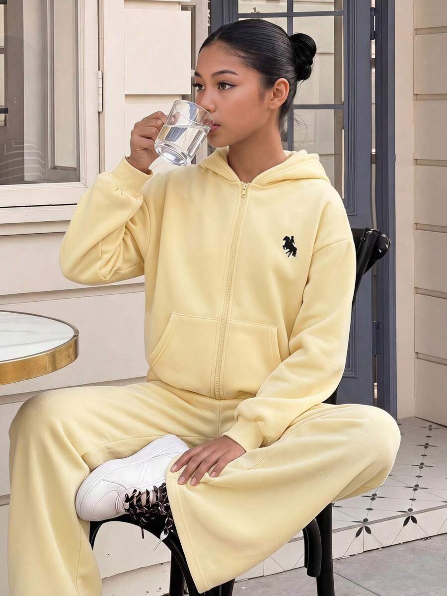 Tween Girls Cream Yellow Front Zipper Hoodie With Embroidered & Sweatpants Tracksuit 2Pcs Set - Yellow - View 1