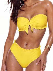 Swim Mod Women's Summer Beach Solid Color Ruffled Strapless Bikini Set - Yellow - View 6