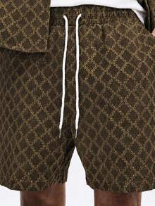 SUMWON Mens Short Sleeve Button-Up Shirt Co-Ord With Diamond Monogram Jacquard Pattern Summer Casual Matching Set - Coffee Brown - View 2