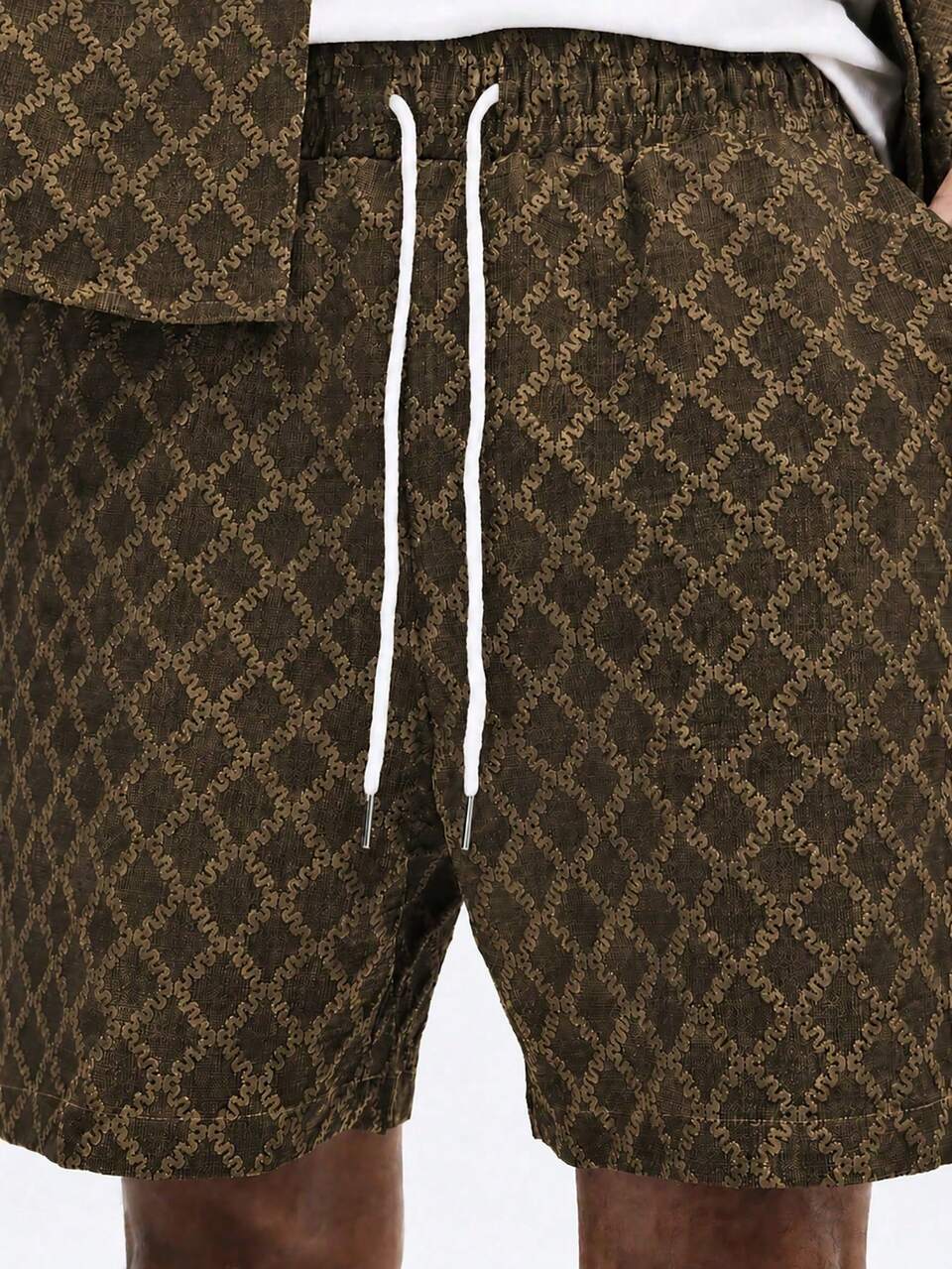 Ensemble coordonné de chemise à manches courtes boutonnée pour hommes avec motif jacquard monogramme diamant, ensemble décontracté d'été assorti