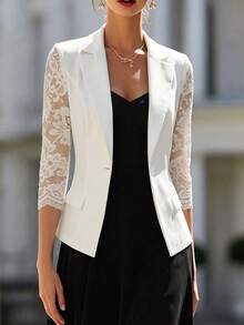 SHEIN Women's White Blazer With Lace Lapel, Casual Versatile, Elegant And Fashionable - White - View 6