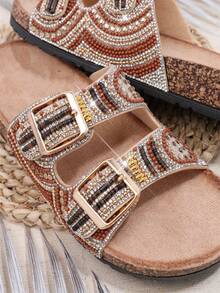 VACAZURE Women's Boho Beaded Double Buckle Open Toe Cork Footbed Multi Tan Slide Sandals-Colorful Vintage Style Summer Shoes Spring Shoes Spring Break Easter Vacation Shoes Casual Shoes Beach Shoes Mother's Day Present For Christmas Valentine's Day Summer Shoes - Brown - View 6