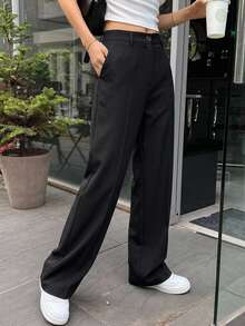 DAZY Women's Elegant Solid Color Flared Pants, Korean Style Petite - Black - View 4