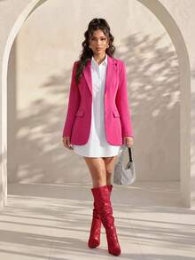 Structelle Women's Solid Color Notch Lapel Casual Versatile Commute Travel Blazer Jacket - Hot Pink - View 3